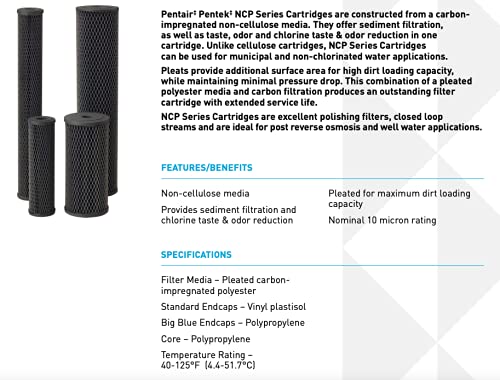 Pentek Pentair Pentek NCP-BB Big Blue Carbon Water Filter, 10-Inch, Whole House Non-Cellulose Carbon Impregnated Pleated Filter Cartridge, 10" x 4.5", 10 Micron - Image 2