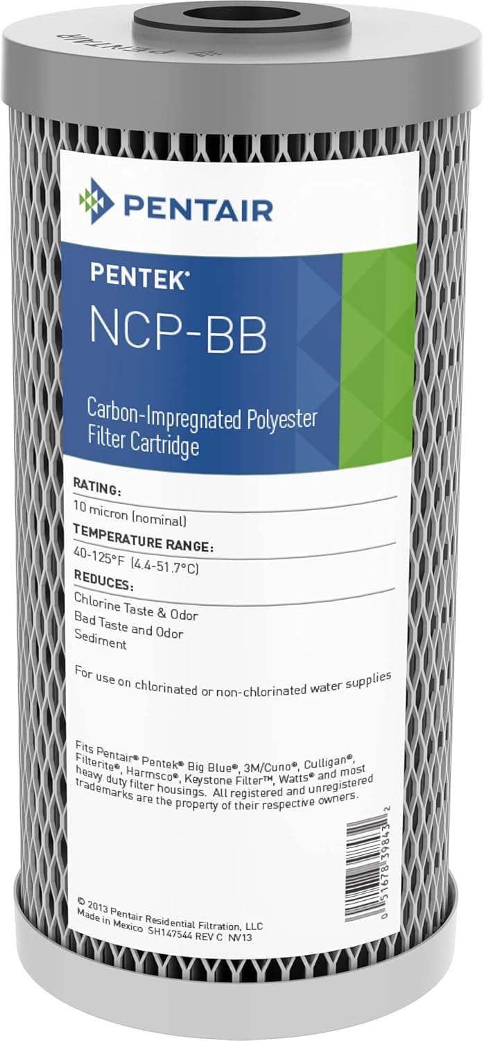 Pentek Pentair Pentek NCP-BB Big Blue Carbon Water Filter, 10-Inch, Whole House Non-Cellulose Carbon Impregnated Pleated Filter Cartridge, 10" x 4.5", 10 Micron - Image 1