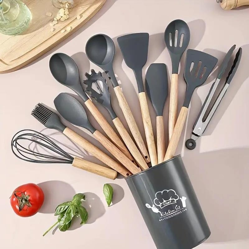Royalkart Silicone Kitchen Utensil Set, 11 Pieces Cooking Utensil with Wooden Handles and Utensil Holder BPA Non-Stick, Heat Resistant, Kitchen Tools Set (Grey) - Image 5