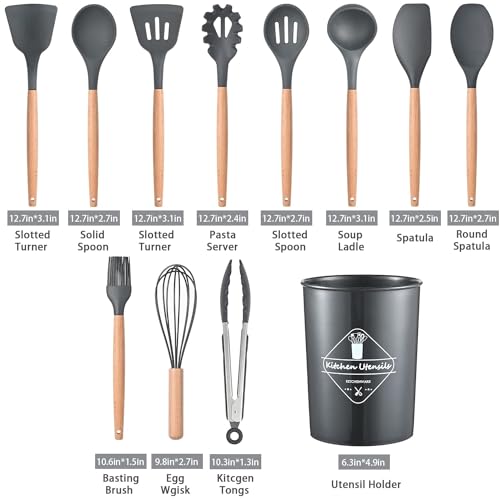 Royalkart Silicone Kitchen Utensil Set, 11 Pieces Cooking Utensil with Wooden Handles and Utensil Holder BPA Non-Stick, Heat Resistant, Kitchen Tools Set (Grey) - Image 2