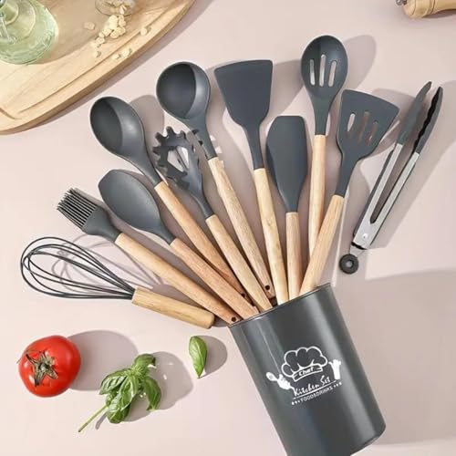 Royalkart Silicone Kitchen Utensil Set, 11 Pieces Cooking Utensil with Wooden Handles and Utensil Holder BPA Non-Stick, Heat Resistant, Kitchen Tools Set (Grey) - Image 1