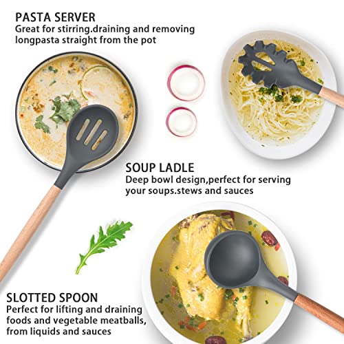 Royalkart Silicone Kitchen Utensil Set, 11 Pieces Cooking Utensil with Wooden Handles and Utensil Holder BPA Non-Stick, Heat Resistant, Kitchen Tools Set (Grey) - Image 3