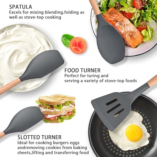 Royalkart Silicone Kitchen Utensil Set, 11 Pieces Cooking Utensil with Wooden Handles and Utensil Holder BPA Non-Stick, Heat Resistant, Kitchen Tools Set (Grey) - Image 4