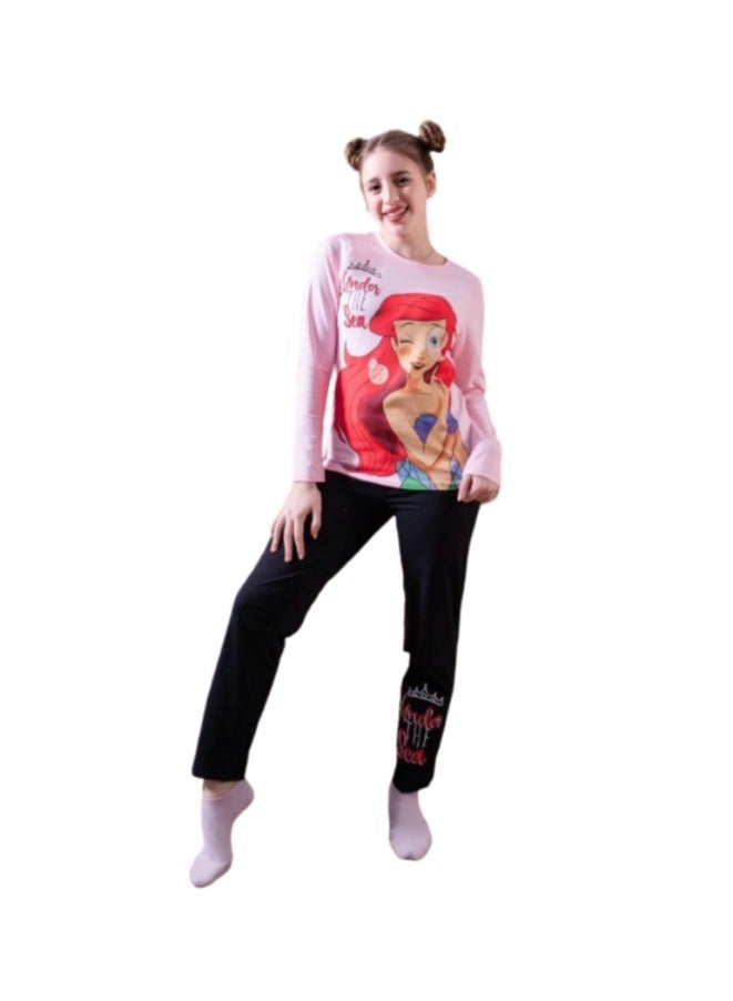 Autumn girls' pajamas, pink t-shirt, black pants  - Image 2