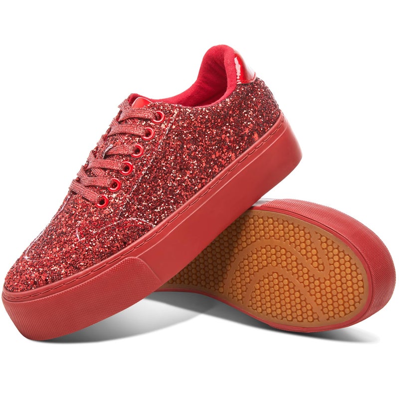 Jeekopeg Glitter Platform Sneakers Women Casual Sequin Sparkly Shoes Bling Thick Sole Walking Shoes Shiny Sequin Wedding Sneakers for Lady(Red Glitter,US8) - Image 1