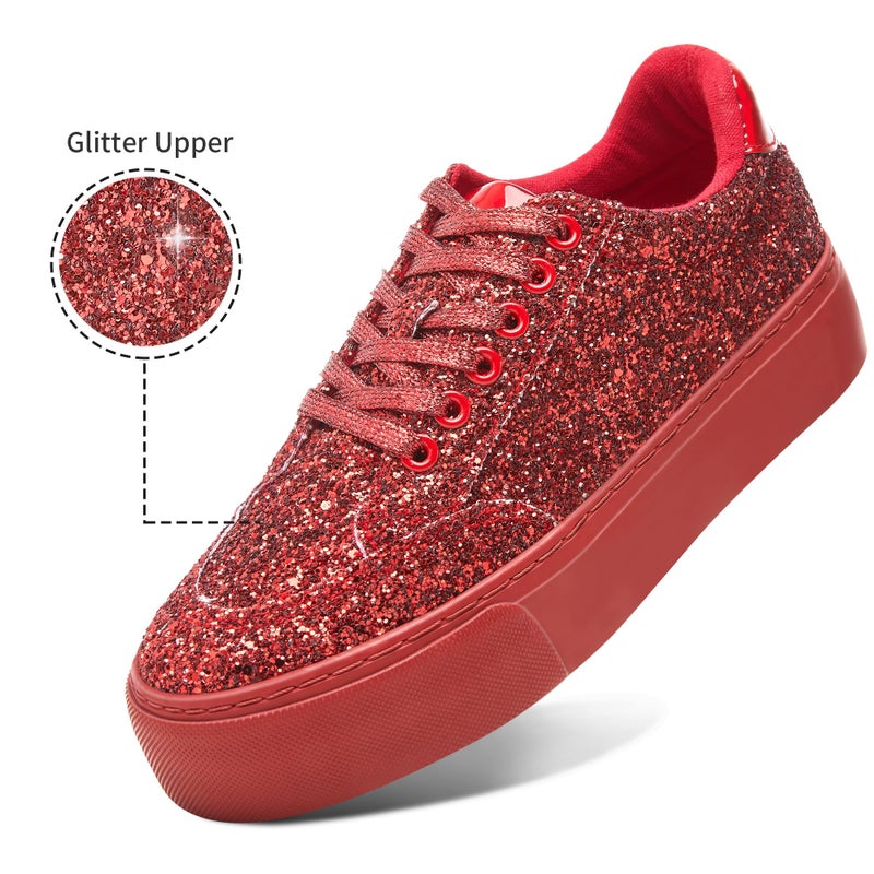 Jeekopeg Glitter Platform Sneakers Women Casual Sequin Sparkly Shoes Bling Thick Sole Walking Shoes Shiny Sequin Wedding Sneakers for Lady(Red Glitter,US8) - Image 3