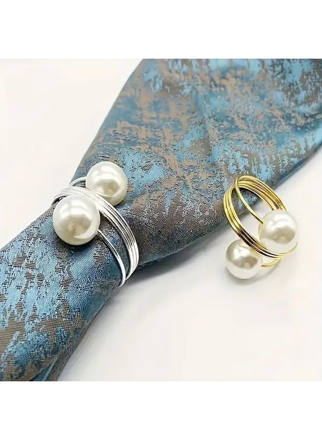 خواتم مناديل خرز اللؤلؤ الذهبي 25 قطعة تصميم مرن ومتين من المعدن لحفلات الزفاف والولائم وأعياد الميلاد - Image 5