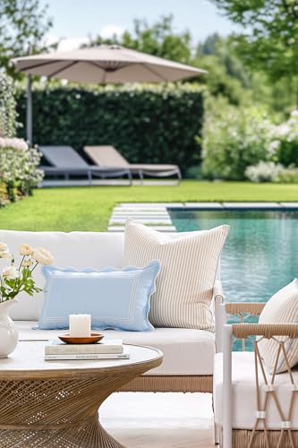 Hofdeco Premium Coastal Hampton Patio Indoor Outdoor Throw Pillow Cover Only 20x20 Water Repellent for Backyard Couch Poolside Neutral Tan Blue Print Stripes - Image 3