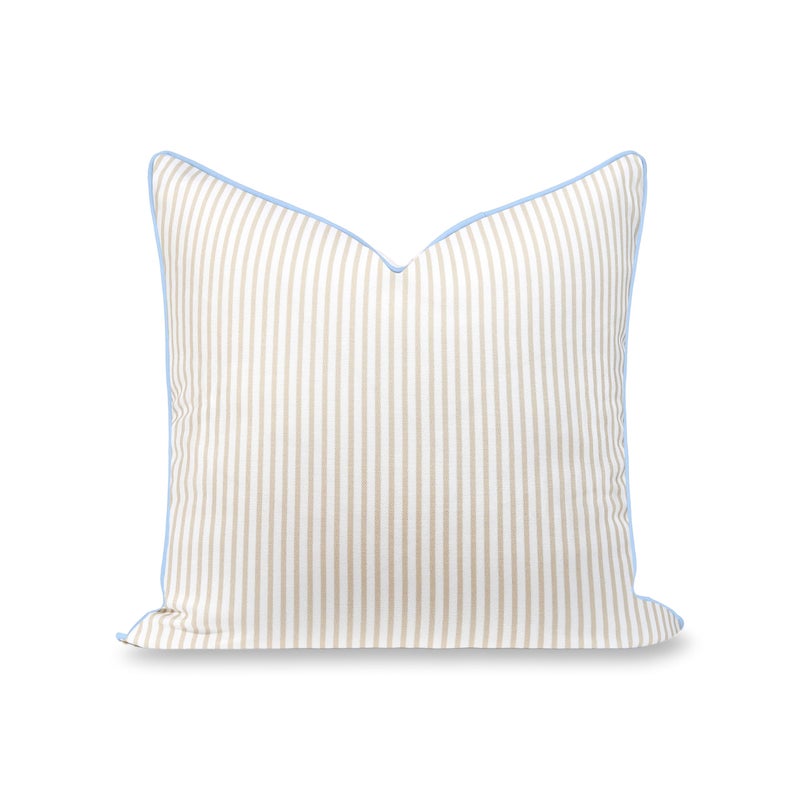 Hofdeco Premium Coastal Hampton Patio Indoor Outdoor Throw Pillow Cover Only 20x20 Water Repellent for Backyard Couch Poolside Neutral Tan Blue Print Stripes - Image 2