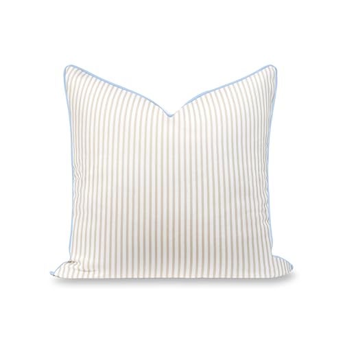 Hofdeco Premium Coastal Hampton Patio Indoor Outdoor Throw Pillow Cover Only 20x20 Water Repellent for Backyard Couch Poolside Neutral Tan Blue Print Stripes - Image 1