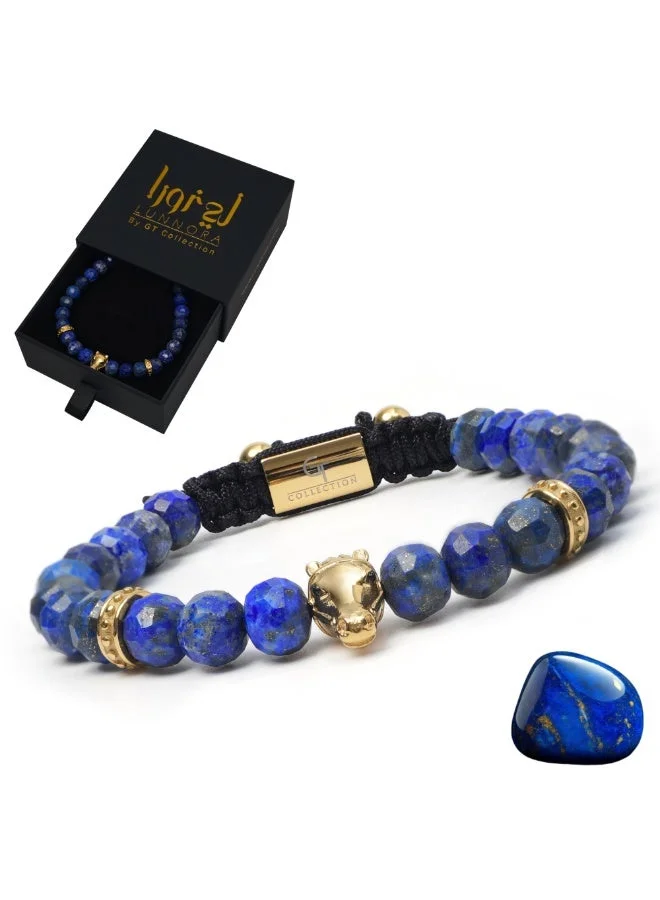 لونورا سوار خرز من حجر اللازورد الطبيعي مع حصان عربي ذهبي – سوار للرجال، سوار رجالي، هدية للرجال، أساور للرجال – طبيعي 100% وقابل للتعديل بمقاس واحد للجميع