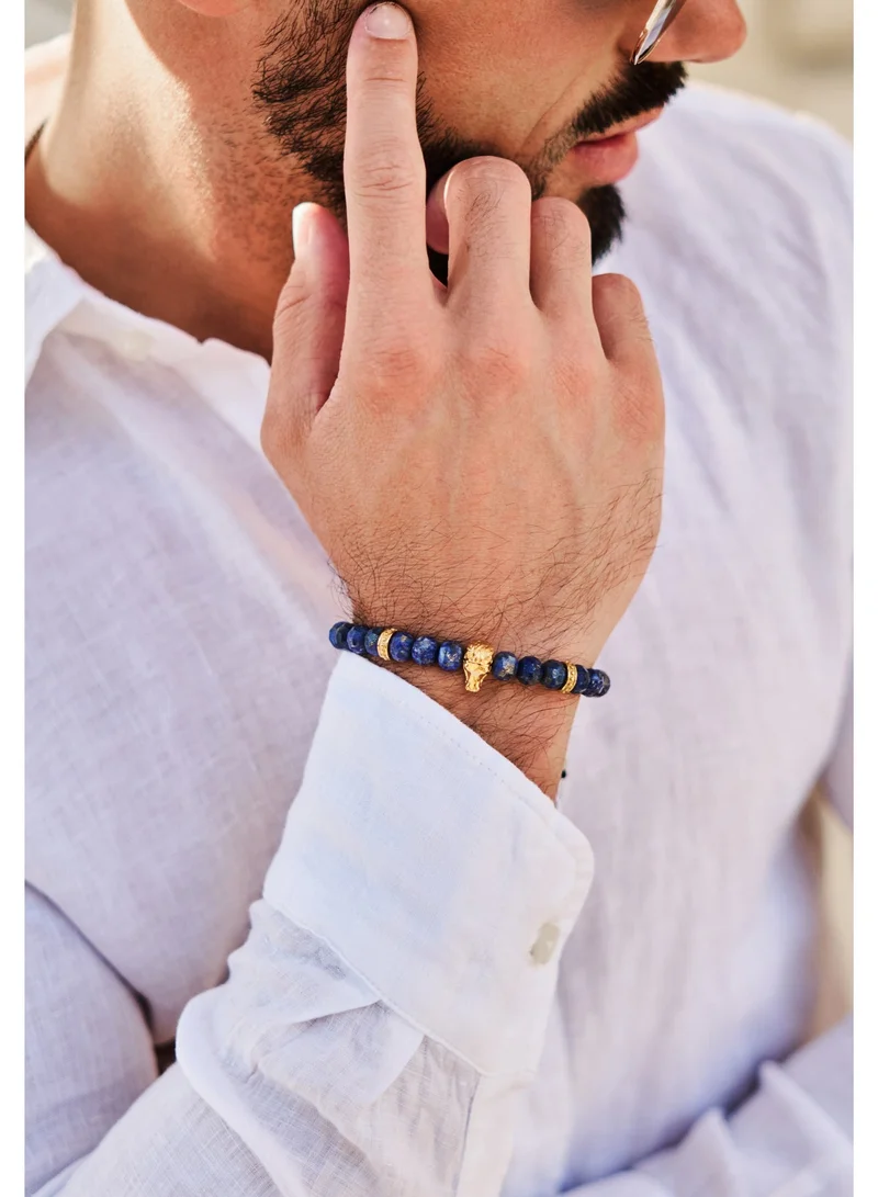 لونورا سوار خرز من حجر اللازورد الطبيعي مع حصان عربي ذهبي – سوار للرجال، سوار رجالي، هدية للرجال، أساور للرجال – طبيعي 100% وقابل للتعديل بمقاس واحد للجميع