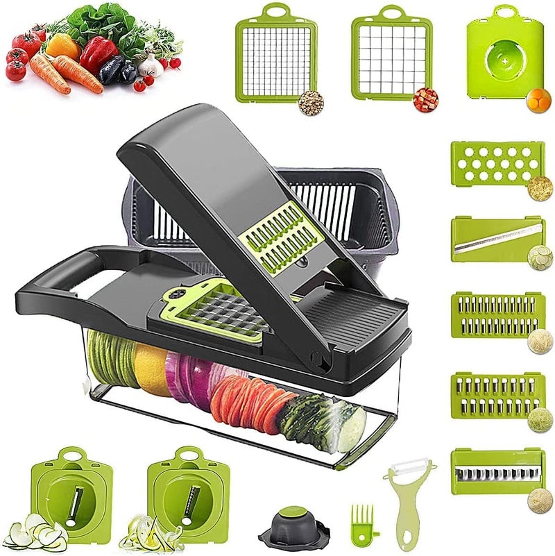 GIB cleaningtool قطاعة خضروات، قطاعة بصل برو، سبيرالايزر متعددة الوظائف 15 في 1، قطاعة طعام، ماندولين مطبخ لتقطيع الخضروات، قطاعة مكعبات مع 10 شفرات، قطاعة سلطة البطاطس والطماطم والثوم مع وعاء - Image 1