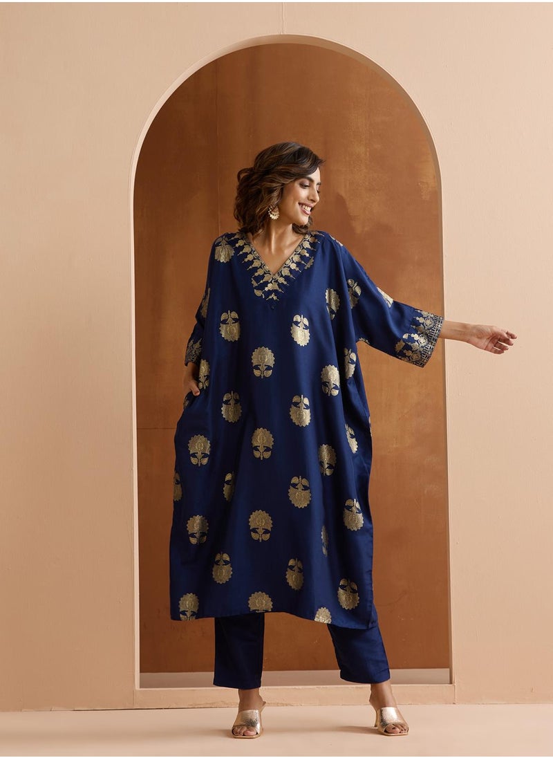 ISHIN Women's Navy Polyester Blend Embellished Tunic Full Length Palazzo Straight Fit Kurta Set  - Image 1