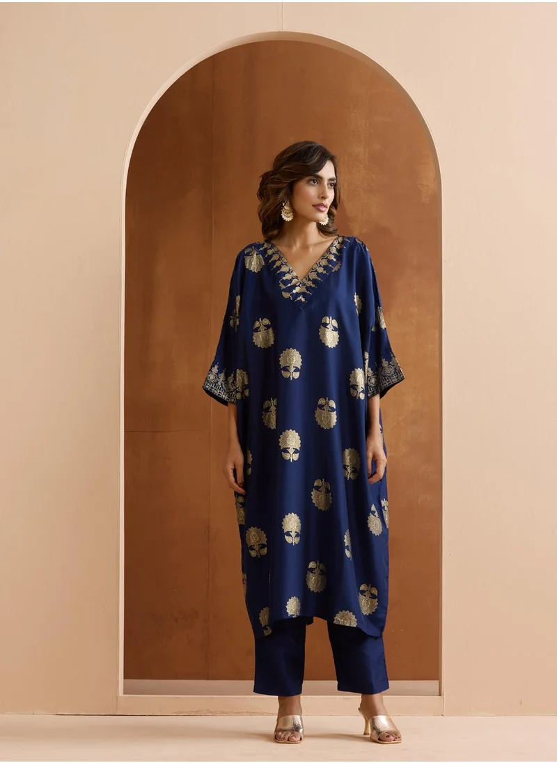 آي شين WOMEN Navy Polyester Chinon Kurta Sets 2pcs sets