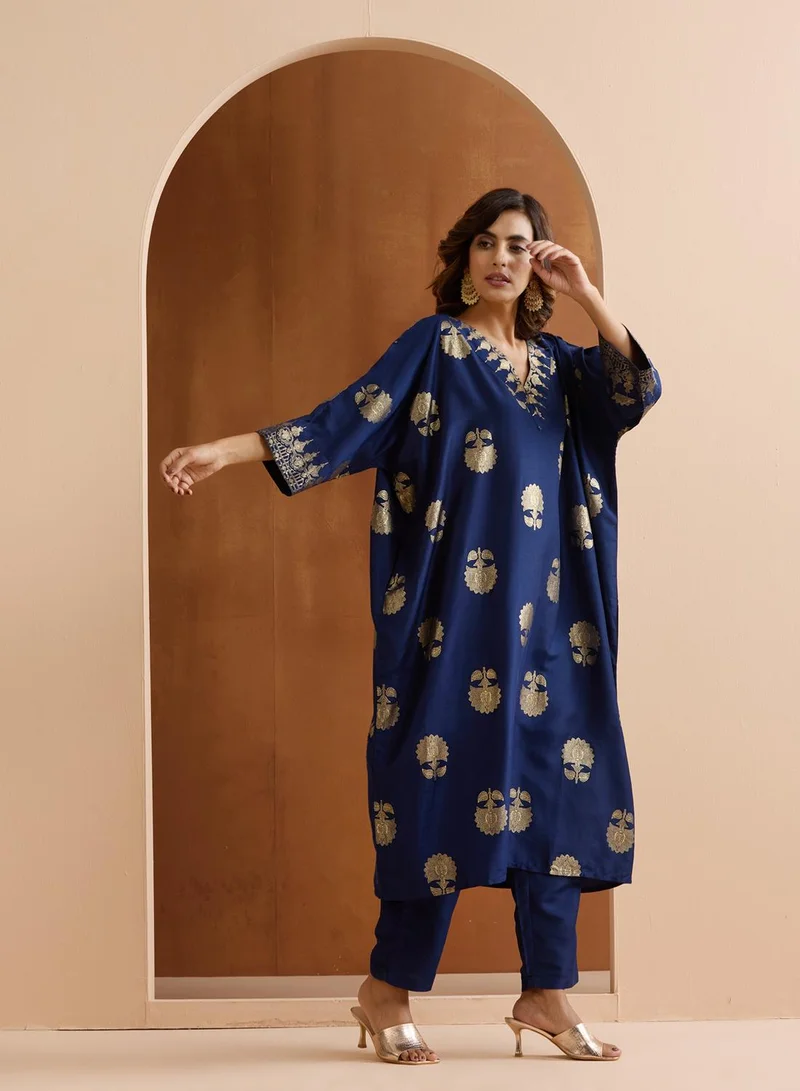 ISHIN Women's Navy Polyester Blend Embellished Tunic Full Length Palazzo Straight Fit Kurta Set
