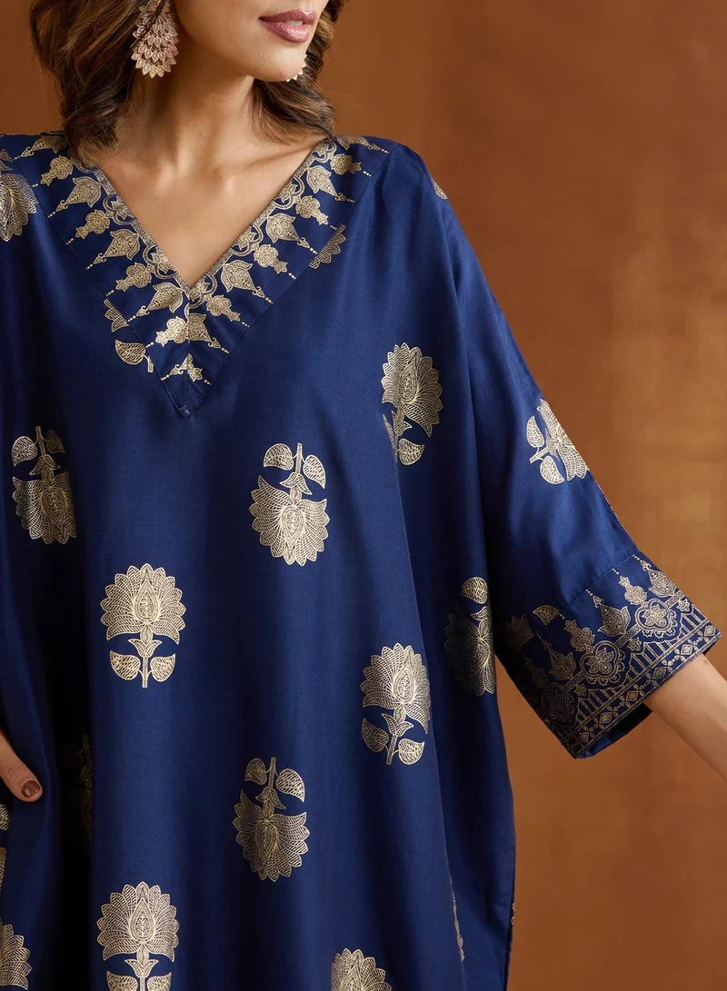ISHIN Women's Navy Polyester Blend Embellished Tunic Full Length Palazzo Straight Fit Kurta Set
