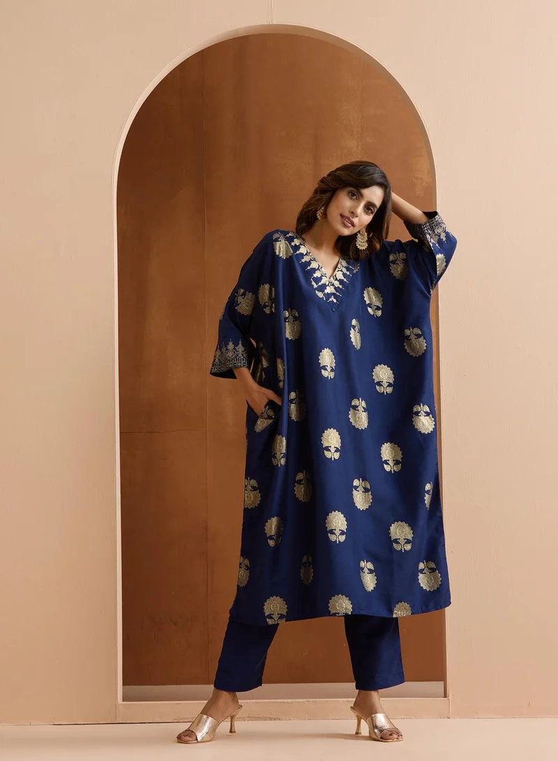 ISHIN Women's Navy Polyester Blend Embellished Tunic Full Length Palazzo Straight Fit Kurta Set