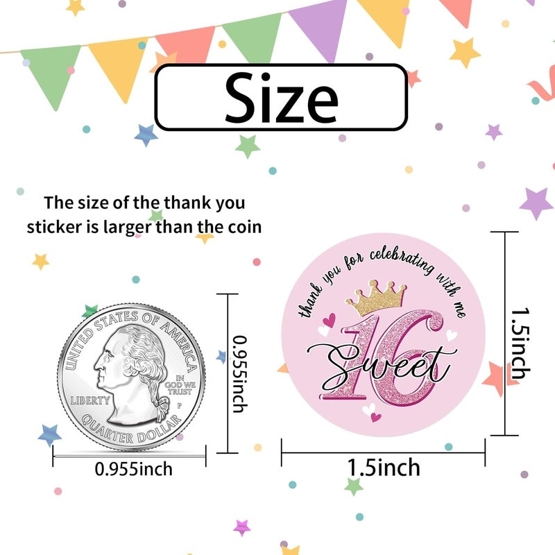 Heyfibro 500 PCS Thank You for Celebrating with Me Stickers, 1.5" Birthday Sticker for Kids, Round Birthday Label for Gift Packing, Envelope Sealing & Party Decoration(Sweet 16) - Image 3