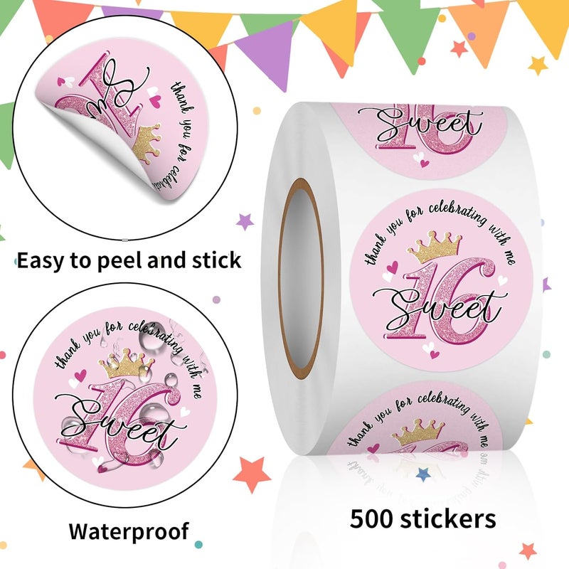Heyfibro 500 PCS Thank You for Celebrating with Me Stickers, 1.5" Birthday Sticker for Kids, Round Birthday Label for Gift Packing, Envelope Sealing & Party Decoration(Sweet 16) - Image 2