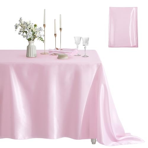 Counfeisly 1 Pack Satin Table Cover Rectangle Silkly Soft Table Cloth Satin Dining Table Cloths for Wedding Banquet Table Decoration Dining Room Indoor and Outdoor Use 60 x 84 Inches Pink - Image 1