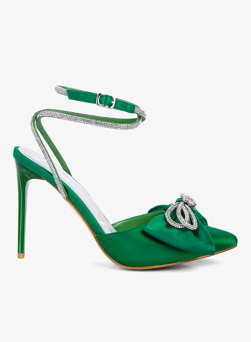 High Heel Rhinestone Embellished Sandals in Dark Green