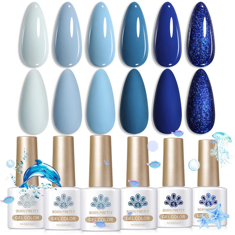 Born Pretty Blue Gel Nail Polish,Light Baby Sky Blue to Dark Navy Royal Shades 6 Colors Glitter Nail Gel Polish Kit Nail Art Manicure DIY Set Home and Salon Holiday Gifts - Image 1