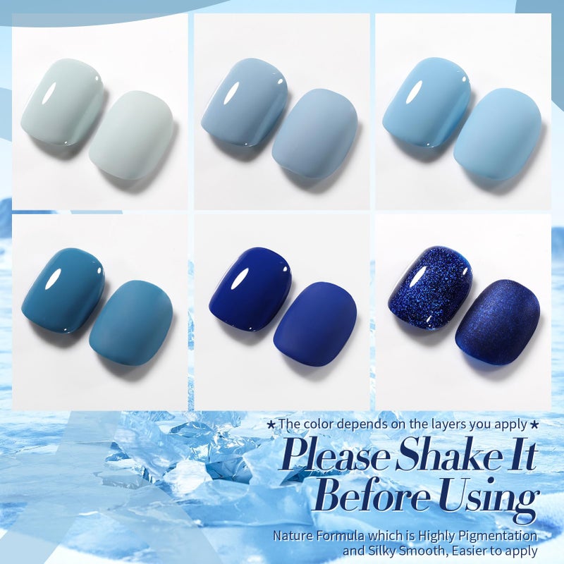 Born Pretty Blue Gel Nail Polish,Light Baby Sky Blue to Dark Navy Royal Shades 6 Colors Glitter Nail Gel Polish Kit Nail Art Manicure DIY Set Home and Salon Holiday Gifts - Image 5