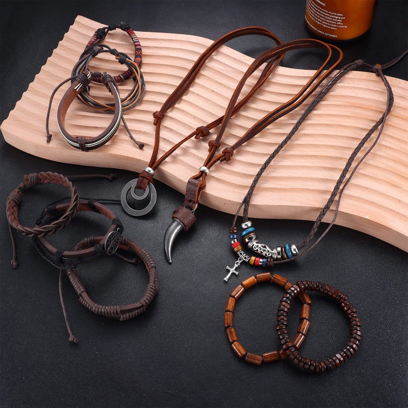 Sanfenly Leather Necklace Bracelet for Men Tribal Wolf Tooth Wood Bead Cross Pendant Necklaces Braided Wristband Vintage Brown Jewelry Set Adjustable - Image 2