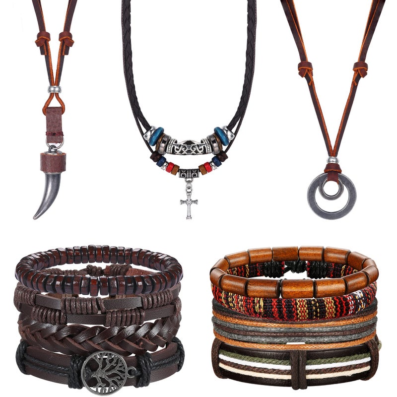 Sanfenly Leather Necklace Bracelet for Men Tribal Wolf Tooth Wood Bead Cross Pendant Necklaces Braided Wristband Vintage Brown Jewelry Set Adjustable - Image 1