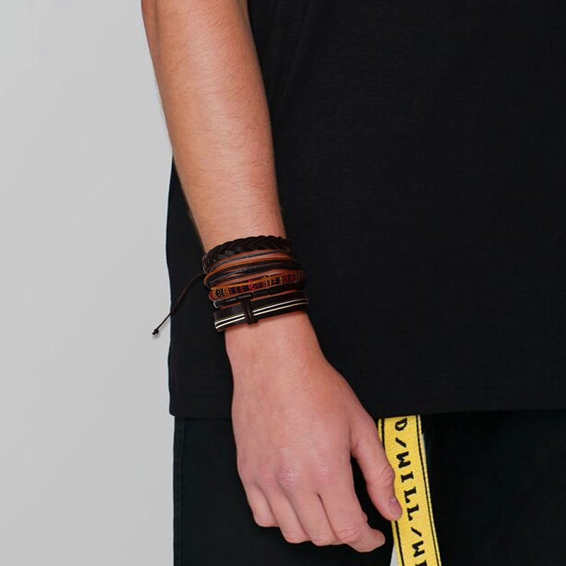 Sanfenly Leather Necklace Bracelet for Men Tribal Wolf Tooth Wood Bead Cross Pendant Necklaces Braided Wristband Vintage Brown Jewelry Set Adjustable - Image 5