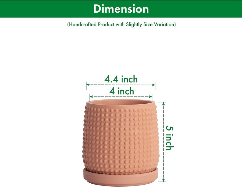 D'vine Dev Set of 2 Ceramic Plants Pots, 4 Inch Beaded Stoneware Flower Pot for Plants with Drainage Hole and Saucer, Terracotta, 27-E-Z-7 - Image 2