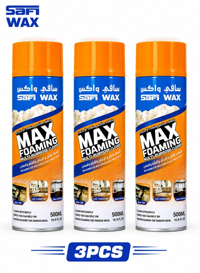 SAFI WAX Max Foaming Multi Purpose Cleaner Spray 500ML 3 Pack Rich Foam Multi Surface Cleaning Foam for Car Interior Dashboard Upholstery Fabric Leather Vinyl Plastic Kitchen Bathroom Home Office Grease Dirt Stain Remover Easy Spray Wipe - Image 1