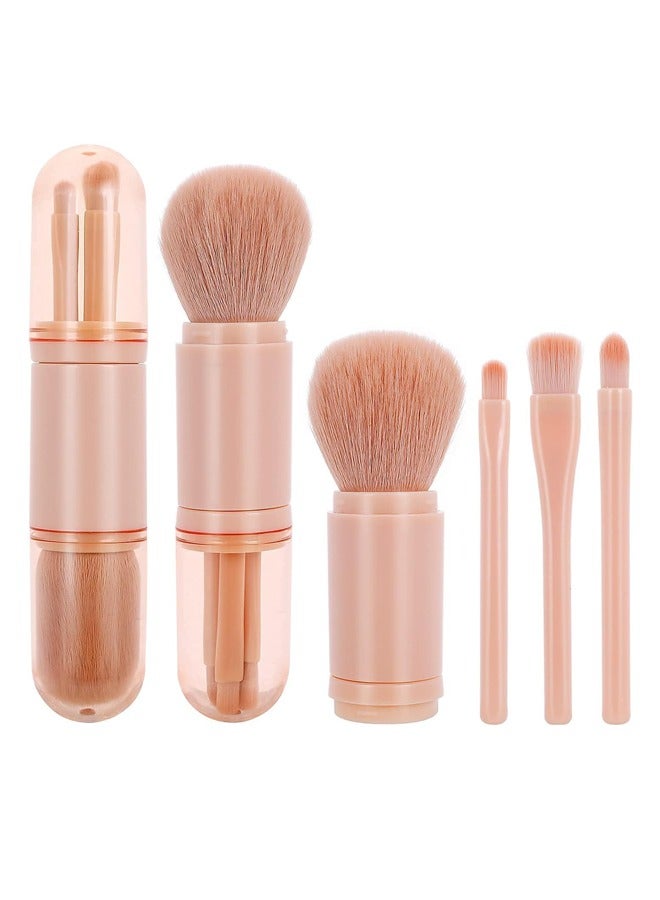 مجموعة فرش مكياج صغيرة 4 في 1، مجموعة فرش مكياج محمولة للسفر كاملة الوظائف، قابلة للسحب لمزج بودرة الأساس وظلال العيون (وردي) - Image 1