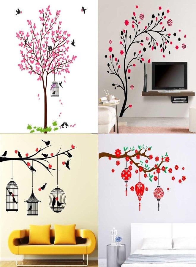 WALLBOOK Set of 4 Wall Stickers Pink Tree with Bird and Nest| Kids Under The Tree| Love Birds with Hearts| Magical Tree - Image 1
