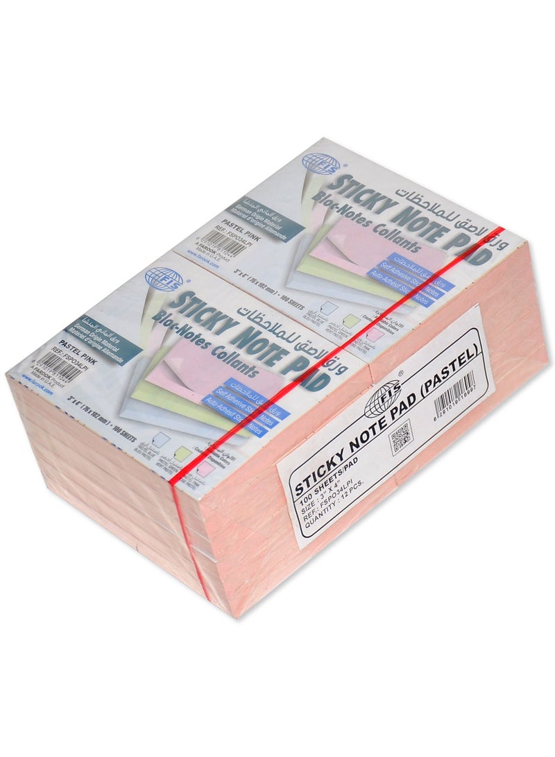 FISSticky Note Pad, 3X4 inches, Pack of 12, Pastel Pink 100 Sheets -FSPO34LPI - Image 1