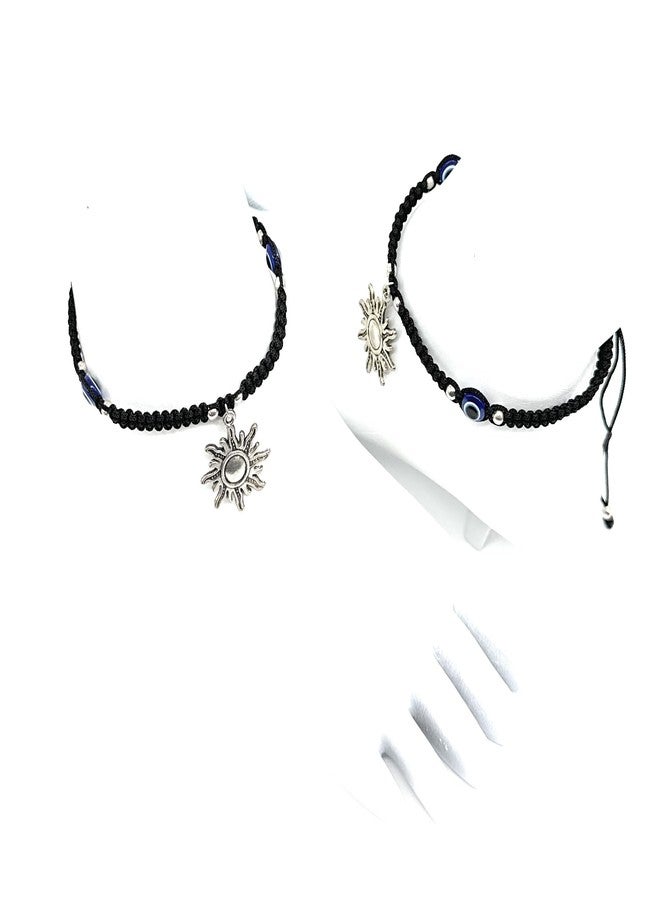 Jyokrish Handmade Adjustable Metal hanging Sun & 2 blue evil eye Black Thread Knot Anklet For Women | girls | Nazariya |Payal |Free Size |Pair of 1| Lucky charms - Image 2