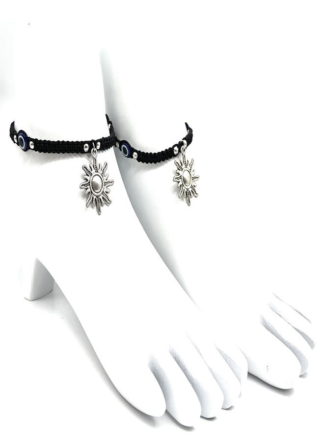 Jyokrish Handmade Adjustable Metal hanging Sun & 2 blue evil eye Black Thread Knot Anklet For Women | girls | Nazariya |Payal |Free Size |Pair of 1| Lucky charms - Image 1