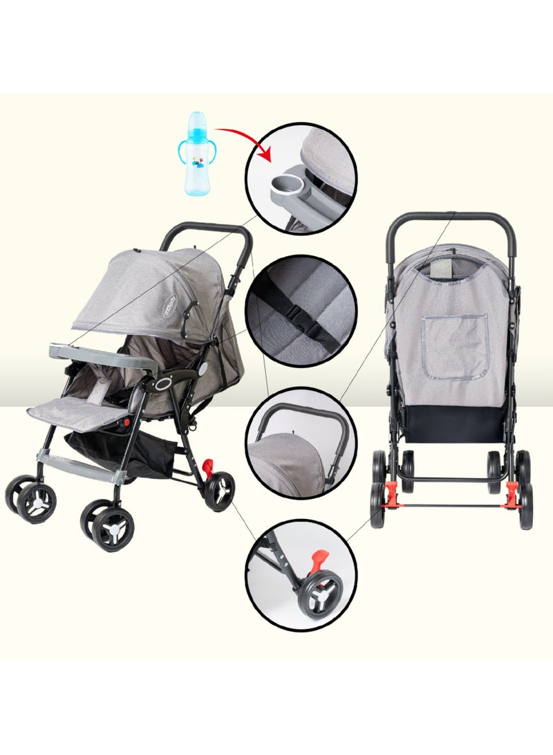 مولودي عربة أطفال خفيفة الوزن وقابلة للطي مع مقعد قابل للتعديل والاستلقاء وغطاء – نظام سفر 2 في 1 مدمج للرضع والأطفال (من 0 إلى 3 سنوات)، مناسبة لجميع التضاريس مع سلة تخزين كبيرة وحزام أمان-رمادي - Image 3