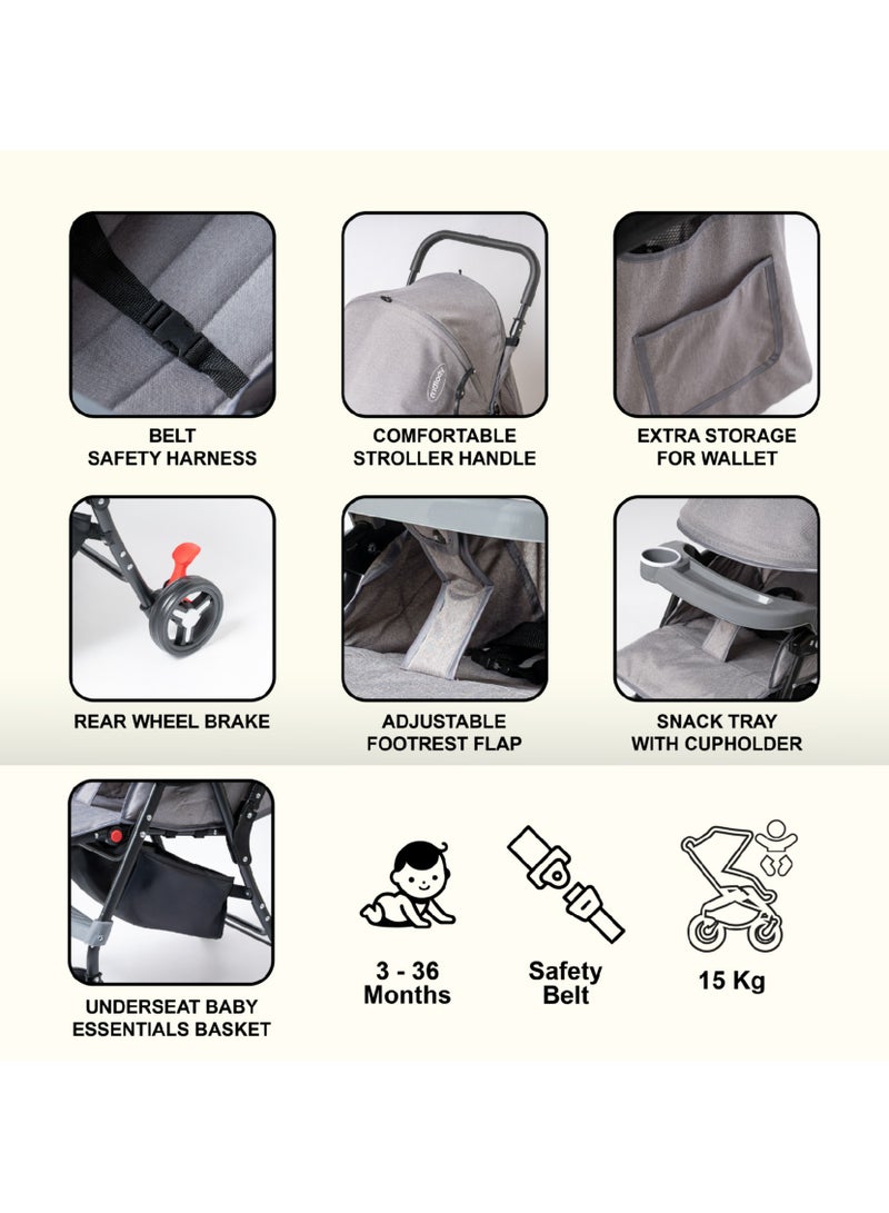 مولودي عربة أطفال خفيفة الوزن وقابلة للطي مع مقعد قابل للتعديل والاستلقاء وغطاء – نظام سفر 2 في 1 مدمج للرضع والأطفال (من 0 إلى 3 سنوات)، مناسبة لجميع التضاريس مع سلة تخزين كبيرة وحزام أمان-رمادي - Image 4