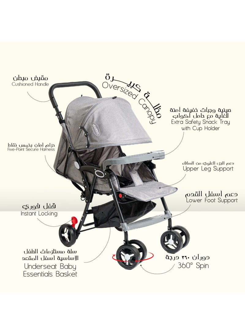 مولودي عربة أطفال خفيفة الوزن وقابلة للطي مع مقعد قابل للتعديل والاستلقاء وغطاء – نظام سفر 2 في 1 مدمج للرضع والأطفال (من 0 إلى 3 سنوات)، مناسبة لجميع التضاريس مع سلة تخزين كبيرة وحزام أمان-رمادي - Image 5