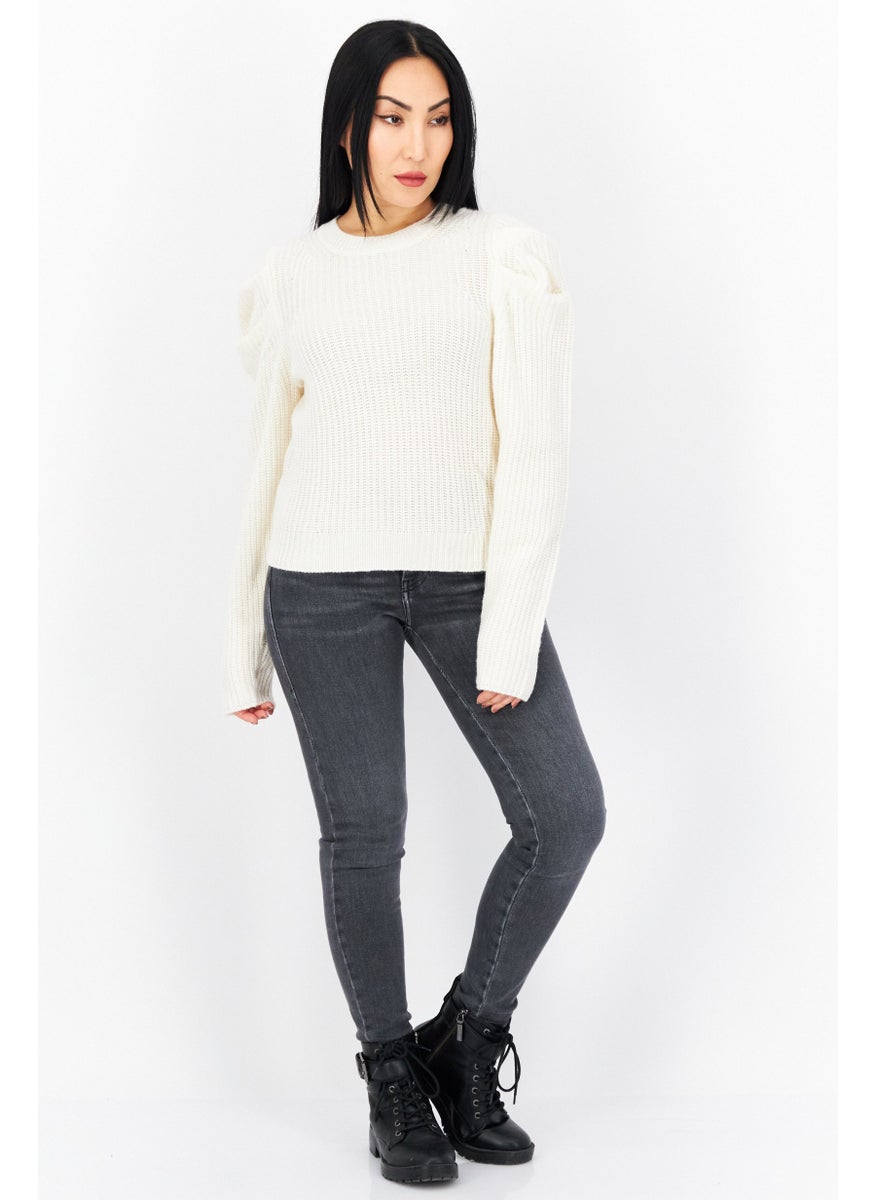 Aqua - Women Round Neck Knitted Sweater, Ivory - Image 1