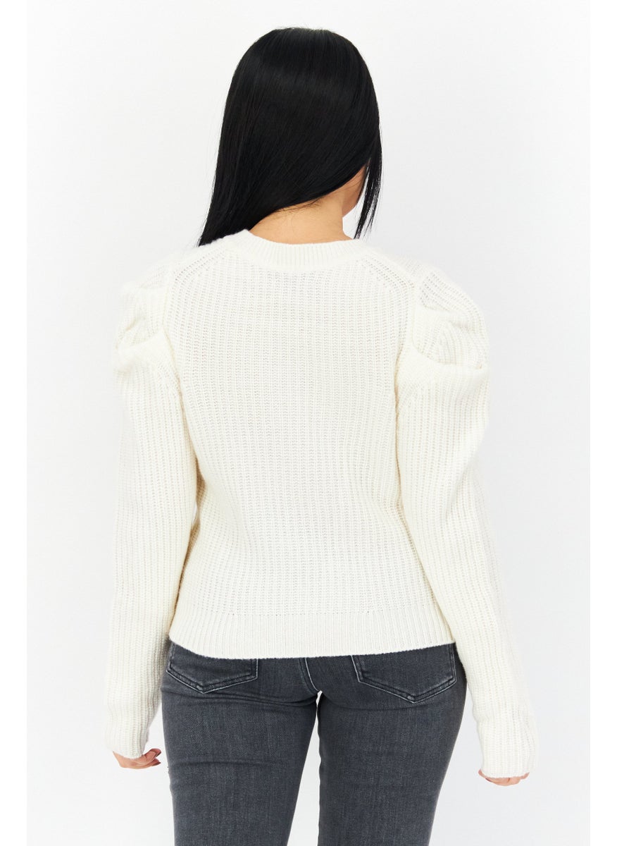 Aqua - Women Round Neck Knitted Sweater, Ivory - Image 1