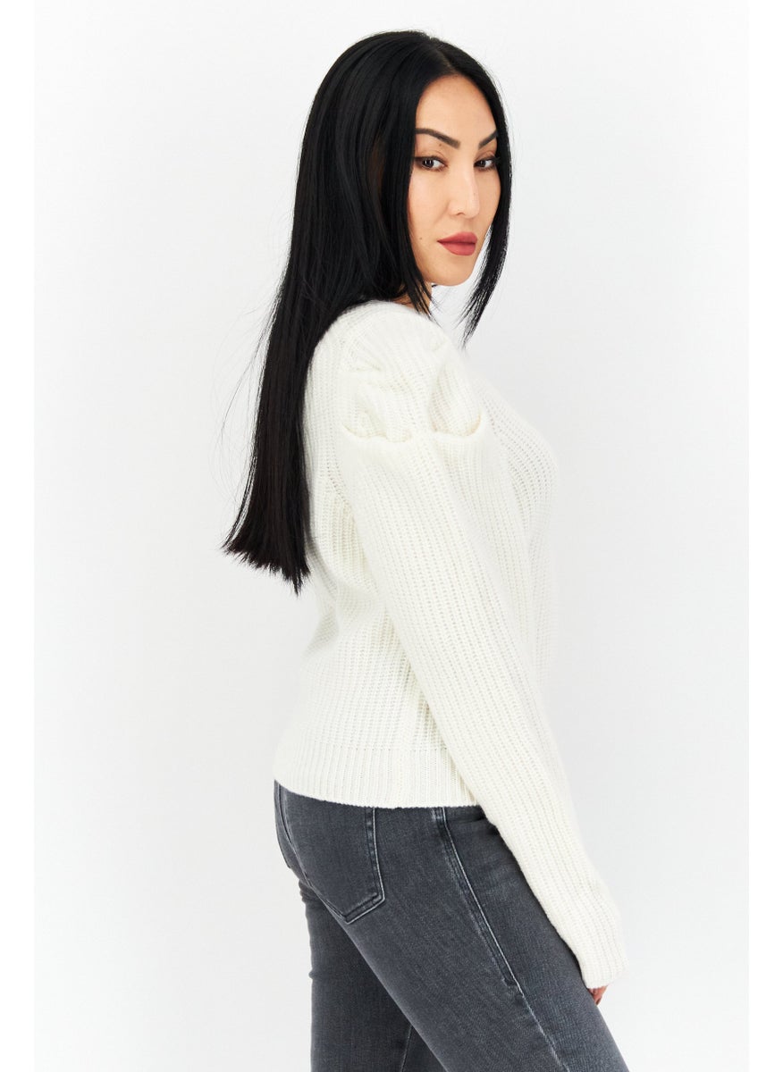 Aqua - Women Round Neck Knitted Sweater, Ivory - Image 1
