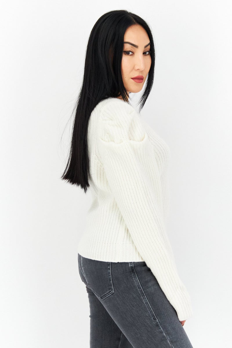 Aqua Women Round Neck Knitted Sweater, Ivory - Image 2