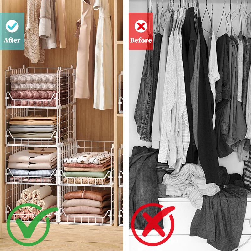 Jakyitvi 6-Tier Closet Shelf Organizer,Metal Stackable Closet Organizers and Storage,Clothes Storage Bins,Shelf Organizer Basket ,Folded Shelf Organizer for Closet Wardrobe,White - Image 5
