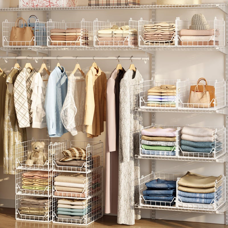 Jakyitvi 6-Tier Closet Shelf Organizer,Metal Stackable Closet Organizers and Storage,Clothes Storage Bins,Shelf Organizer Basket ,Folded Shelf Organizer for Closet Wardrobe,White - Image 3