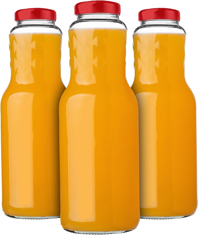 KADAX Glass Bottles 1 L, Pack of 3, Juice Bottles with Screw Cap fi53 mm, Empty Bottles for Preserving & Filling, Preserving Bottles for Juice, Wide Mouth Bottle (Red) Wet anti slip - Image 1