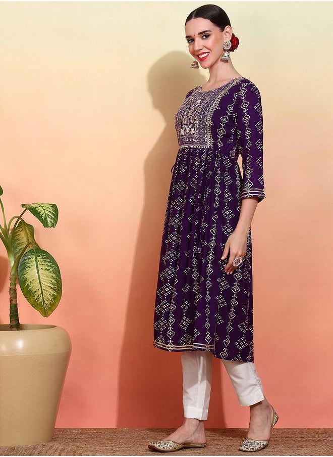 DW Printed Round Neck Embroidered A-Line Kurta by Styli  - Image 3