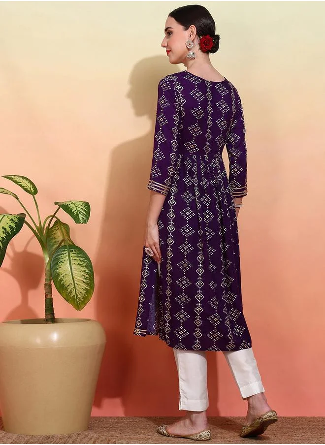 DW Printed Round Neck Embroidered A-Line Kurta by Styli